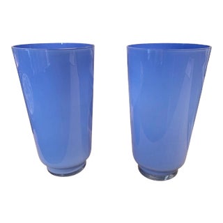 Vintage Blue Murano Glass Vases - A Pair For Sale