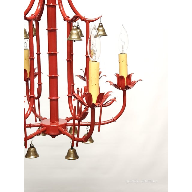 Fabulous Italian Tole Vintage Red Faux Bamboo Pagoda With Brass Bells Chandelier ~ Rewired ~ Restored ~ Rejuvenated For Sale In South Bend - Image 6 of 12