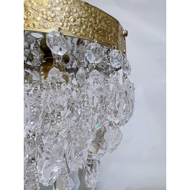Vintage Brass Ornate Crown Chandelier With French Pendalogue Crystals For Sale In New York - Image 6 of 9