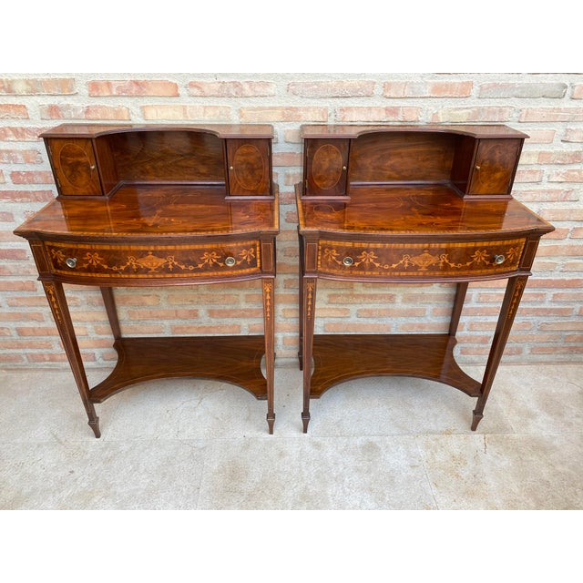 1940s Pair of Neoclassical Marquetry Bedside Tables With Drawers and Upper Compartment For Sale - Image 4 of 18