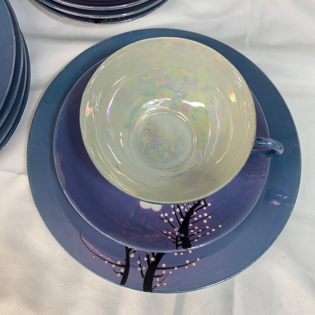 1920s Antique 1920s Japanese Tea Setting Blue Lusterware Cherry Blossom Trees - 15 PCS For Sale - Image 5 of 9