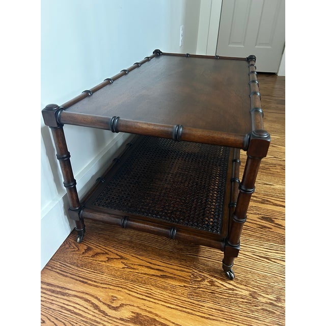 Vintage Mid-Century Faux Bamboo Walnut Coffee Table With Cane Shelf & Casters For Sale - Image 13 of 16