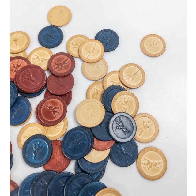 Mid-Century American Clay Embossed Horse and Jockey Poker Chips in Red White and Blue For Sale In New York - Image 6 of 8