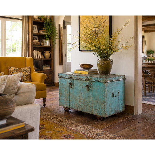 Early 20th Century Antique Blue Iron Dowry Storage Trunk For Sale - Image 9 of 9