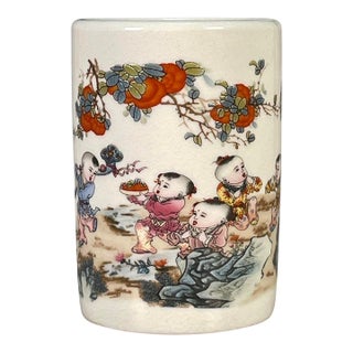 Famille Rose Crackle Glaze Porcelain Brush Pot With Figural Motif For Sale