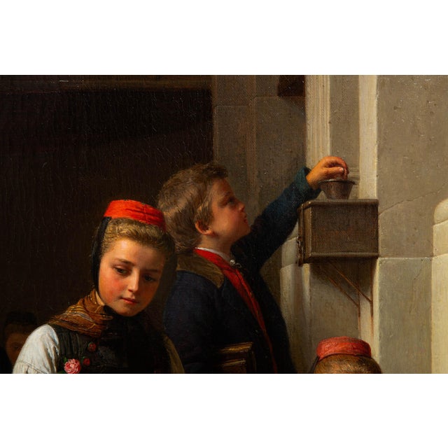 Textile Rare German Antique Painting “After Church” by Karl Friedrich Boser Circa 1860 For Sale - Image 7 of 18