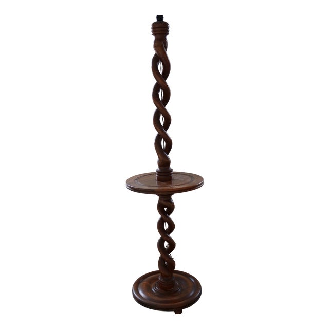 Vintage Twisted Wooden Lamp Base with Shelf, 1970s For Sale