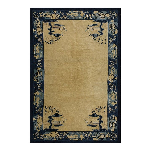 1920s Beige Open Field Traditional Antique Chinese Peking Carpet 5' X 7'10" Rug For Sale