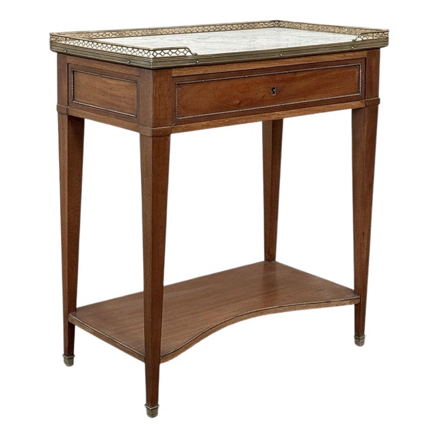 Antique French Louis XVI Rectangular Mahogany Side Table With Carrara Marble Top and Brass Gallery For Sale