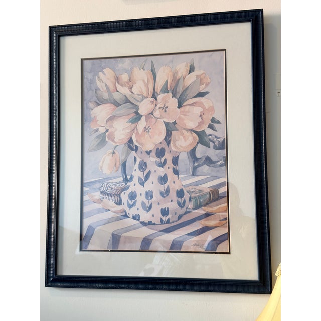 Art Deco Vintage Jerianne Van Dijk Oversized Framed Floral Lithograph – Pink Tulips in Delft Pitcher For Sale - Image 3 of 16