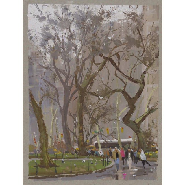 Madison Square Park by Judd Mercer | Gouache Painting of trees and people in a city park For Sale