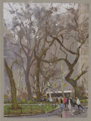 Madison Square Park by Judd Mercer | Gouache Painting of trees and people in a city park