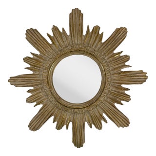 Vintage Mid Century 16.5" Creamy Giltwood Sunburst Wall Mirror For Sale