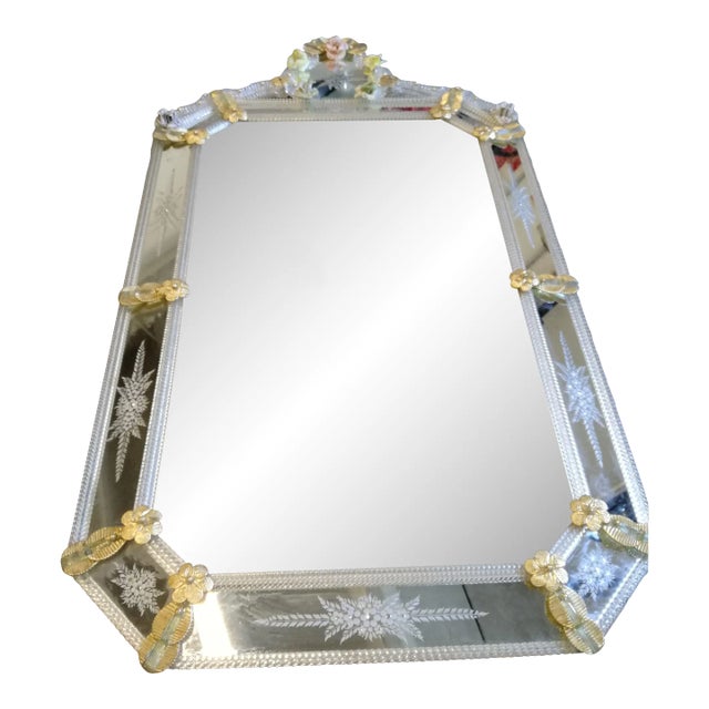 Venetian Rectangular Floreal Hand-Carving Wall Mirror in Murano Glass Style For Sale