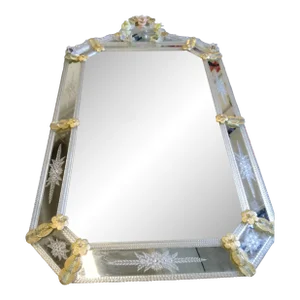 Venetian Rectangular Floreal Hand-Carving Wall Mirror in Murano Glass Style