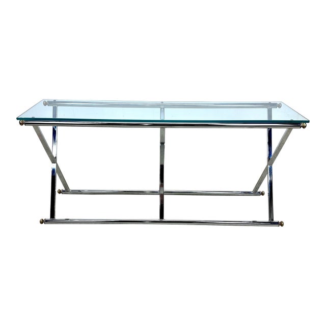 Modernist Maison Jansen Style X-Base Chrome & Glass Console Table For Sale