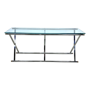 Modernist Maison Jansen Style X-Base Chrome & Glass Console Table