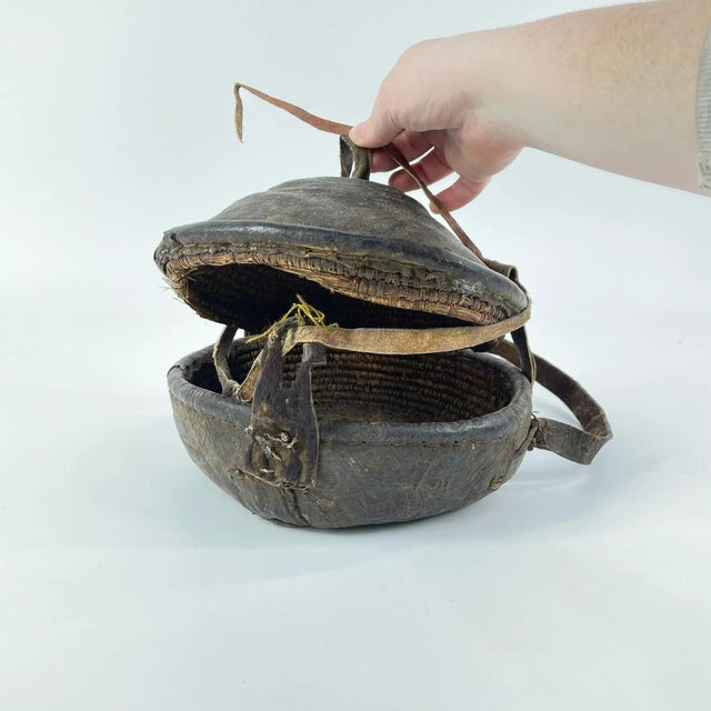 Early 20th Century Small Mesob Lidded Leather Wrapped Lunch Basket Ethiopia For Sale - Image 9 of 10