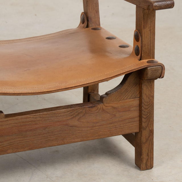 Pair of Mid-Century Spanish Brutalist Cognac Leather Arm Chairs For Sale - Image 16 of 17