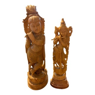 Late 20th Century Indian Krishna Sandalwood Figures- Set of 2 For Sale
