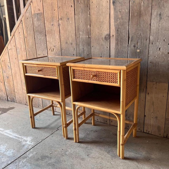 Cane Bedside Tables with Drawer and Enclosed Shelf, Set of 2 For Sale - Image 6 of 9