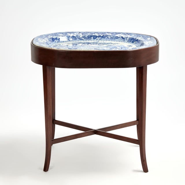 English Antique English Blue and White Ironstone Platter on Stand For Sale - Image 3 of 8