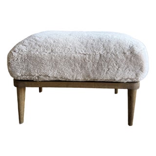 Frances Ottoman Oak Ottoman Upholstered in Genuine Sheepskin With Down Foam Core For Sale