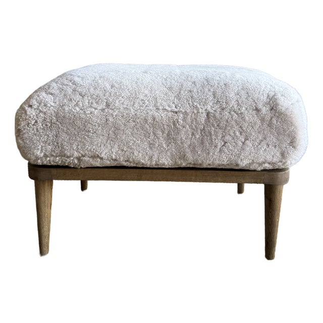 Frances Ottoman Oak Ottoman Upholstered in Genuine Sheepskin With Down Foam Core For Sale