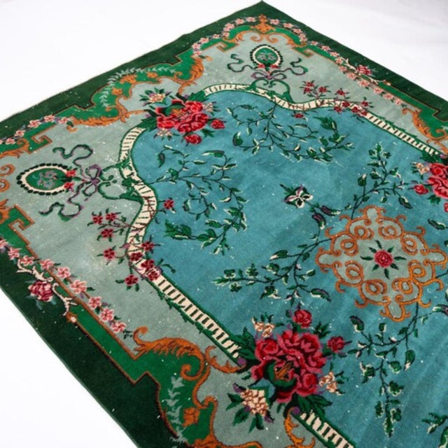 Vintage 1960s Turkish Sparta Savonnerie Rug, Teal Blue & Emerald Green With Roses – 6'8" X 9'9" For Sale - Image 11 of 12