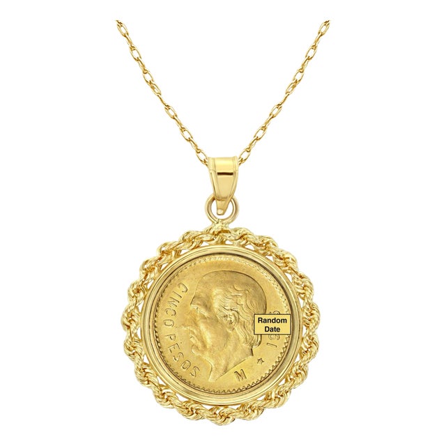 Cinco Pesos Gold Coin Necklace with Rope Bezel 14k Yellow Gold 16" For Sale