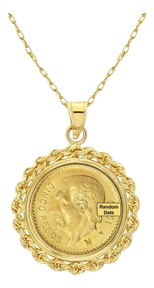 Cinco Pesos Gold Coin Necklace with Rope Bezel 14k Yellow Gold 16"