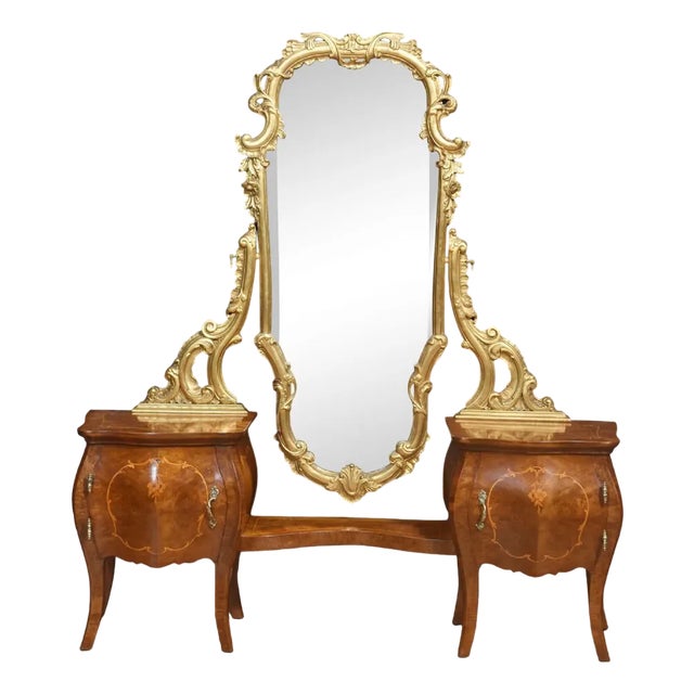 Italian Giltwood and Figured Walnut Dressing Mirror, 1890s For Sale