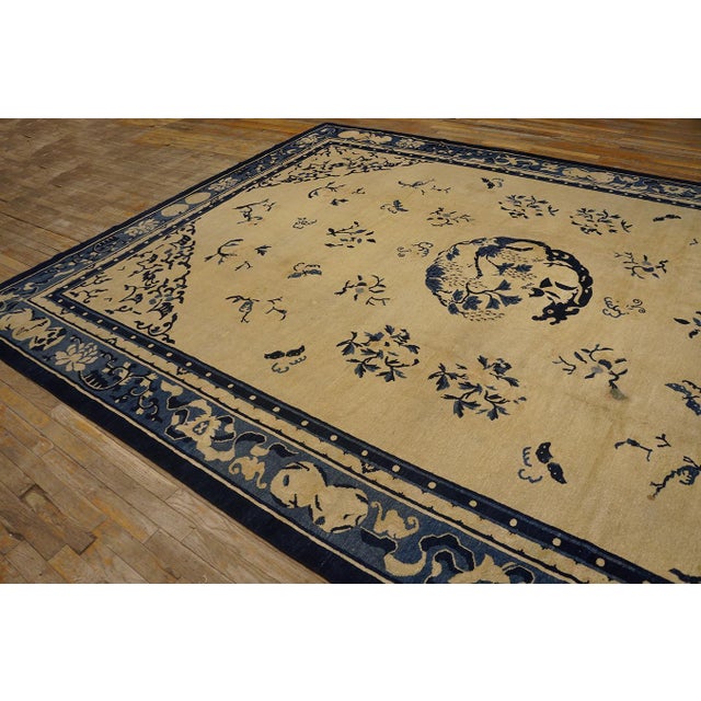 A Beige Field Adorned With Blue Floral Sprays and Central Medallion Antique Chinese Peking Rugug For Sale - Image 4 of 12