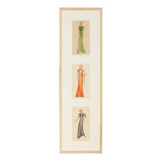 Art Deco Fashion Drawings IV, 1920s, Gouache on Paper, Framed, Set of 3 For Sale