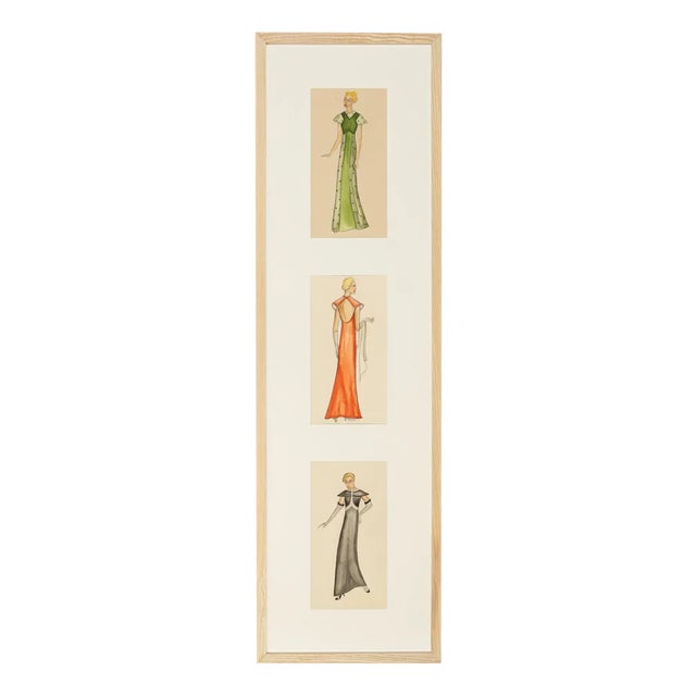 Art Deco Fashion Drawings IV, 1920s, Gouache on Paper, Framed, Set of 3 For Sale