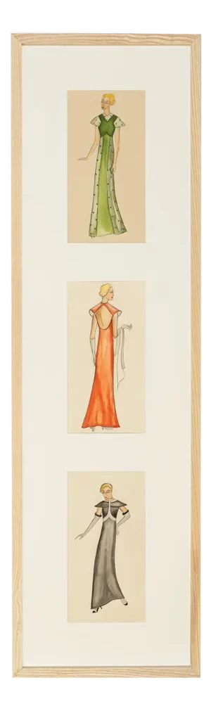 Art Deco Fashion Drawings IV, 1920s, Gouache on Paper, Framed, Set of 3