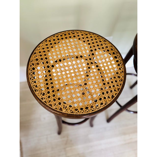 Mid 20th Century Pair of Vintage Thonet Style Bentwood and Straw Barstools For Sale - Image 5 of 12