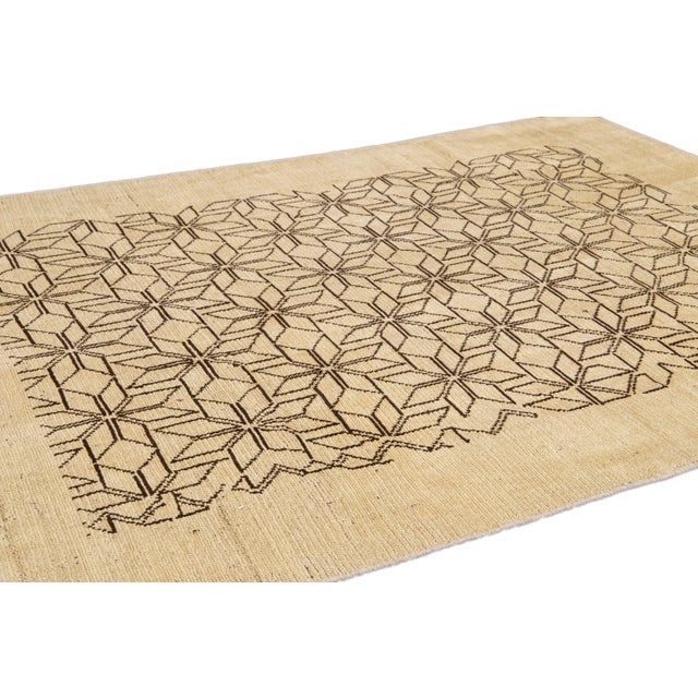 Beige Modern Beige Deco Style Handmade Geometric Floral Wool Rug For Sale - Image 8 of 9
