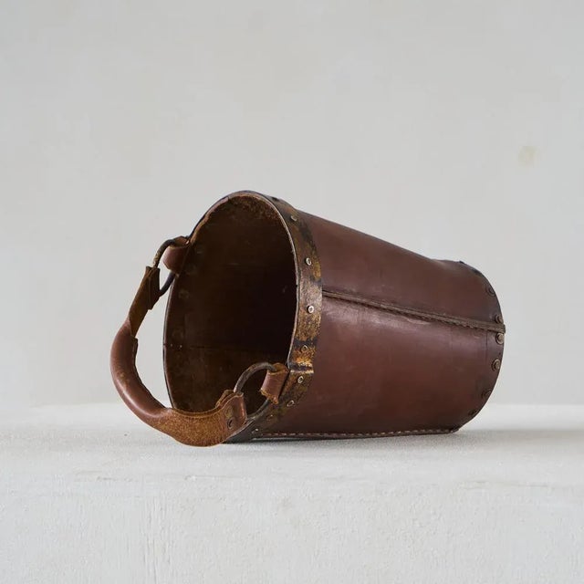 Mid-Century Bucket or Basket in Leather and Metal, 1940s For Sale - Image 4 of 9