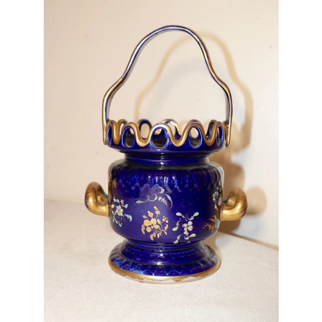 Blue Unique Antique Hand Painted Porcelain Cobalt Gold Gilded Basket Style Vase Pot For Sale - Image 8 of 11
