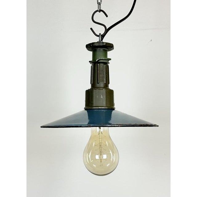 Industrial Blue Enamel Factory Pendant Lamp with Cast Aluminium Top, 1960s For Sale - Image 6 of 16