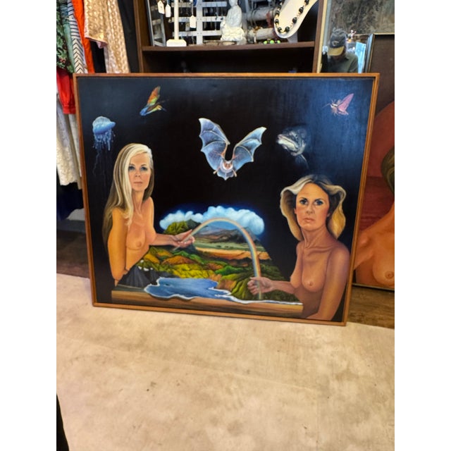 A striking and highly developed surrealist painting by noted Houston artist Lynn Randolph, recognized for her...