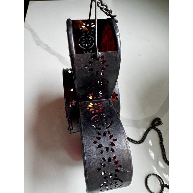 Metal Vintage Red Stained Glass Hanging Votive With Pierced Metal Frame For Sale - Image 7 of 12