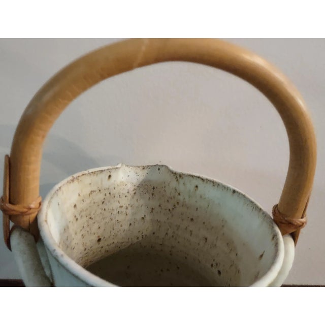 Late 20th Century Handcrafted Neutral Beige & Blue Studio Pottery Pitcher with Bamboo Handle For Sale - Image 10 of 10