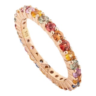 Pop Art Style Rainbow Sapphire Eternity 14k Rose Gold Ring Size 7 For Sale