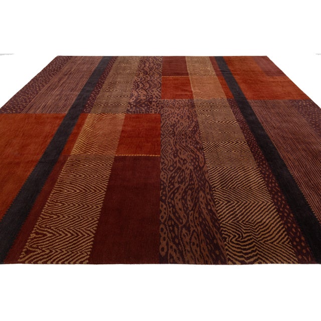 Modern Tibetan Hand-Knotted Wool & Silk Rug With Patchwork Design in Red Tones For Sale - Image 10 of 10