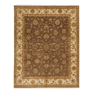 8 X 10 Brown Modern Hand Knotted Indian Wool Rug With Floral Design For Sale