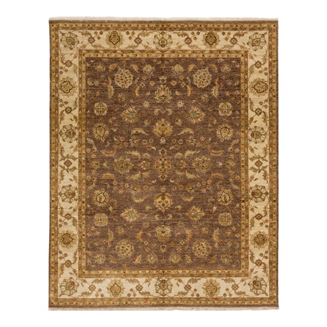 8 X 10 Brown Modern Hand Knotted Indian Wool Rug With Floral Design For Sale