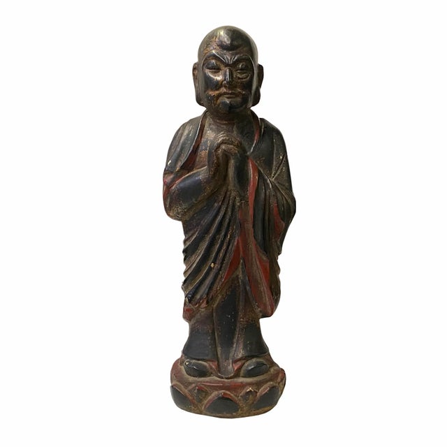 Chinese Distressed Black Brown Lacquer Wood Standing Monk Lohon Figure For Sale In San Francisco - Image 6 of 6