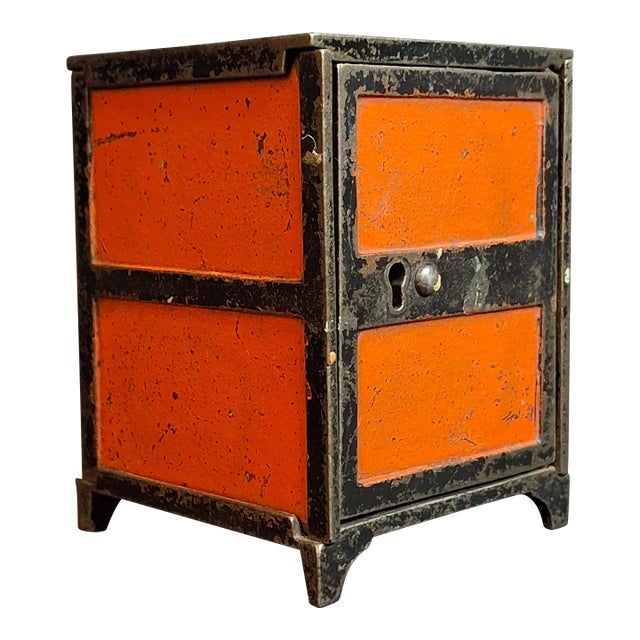 Antique 1880s Cast Iron Two Panel Door Safe Bank Orange Black Peirce Collection For Sale